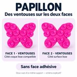 Schéma explicatif du GripPad Papillon : des ventouses sur les deux faces, côté coque et côté surface lisse, sans face adhésive.