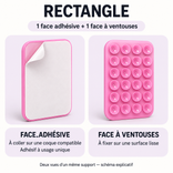 Schéma explicatif du GripPad Rectangle : une face adhésive à usage unique pour la coque, et une face à ventouses pour une surface lisse.