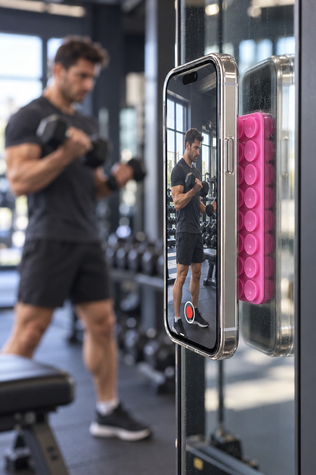 Téléphone fixé à un miroir pendant l’entraînement d’un homme